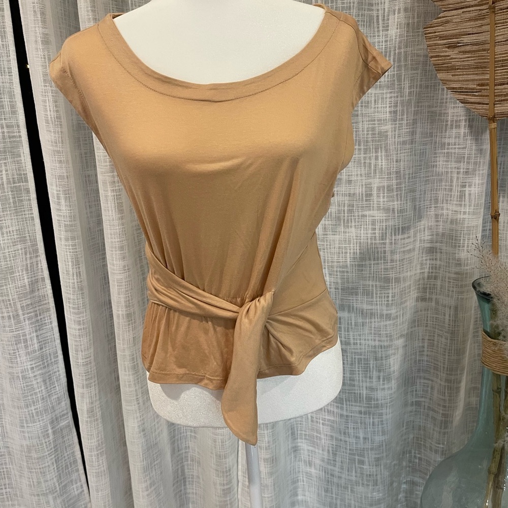 Anthropologie Brown Tan Cap Sleeve Tie Front Blouse